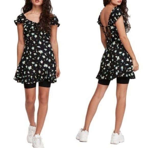 Free People Dresses & Skirts - Free People Like A Lady Black Mini Dress Black Size Medium Sz M Floral Print New